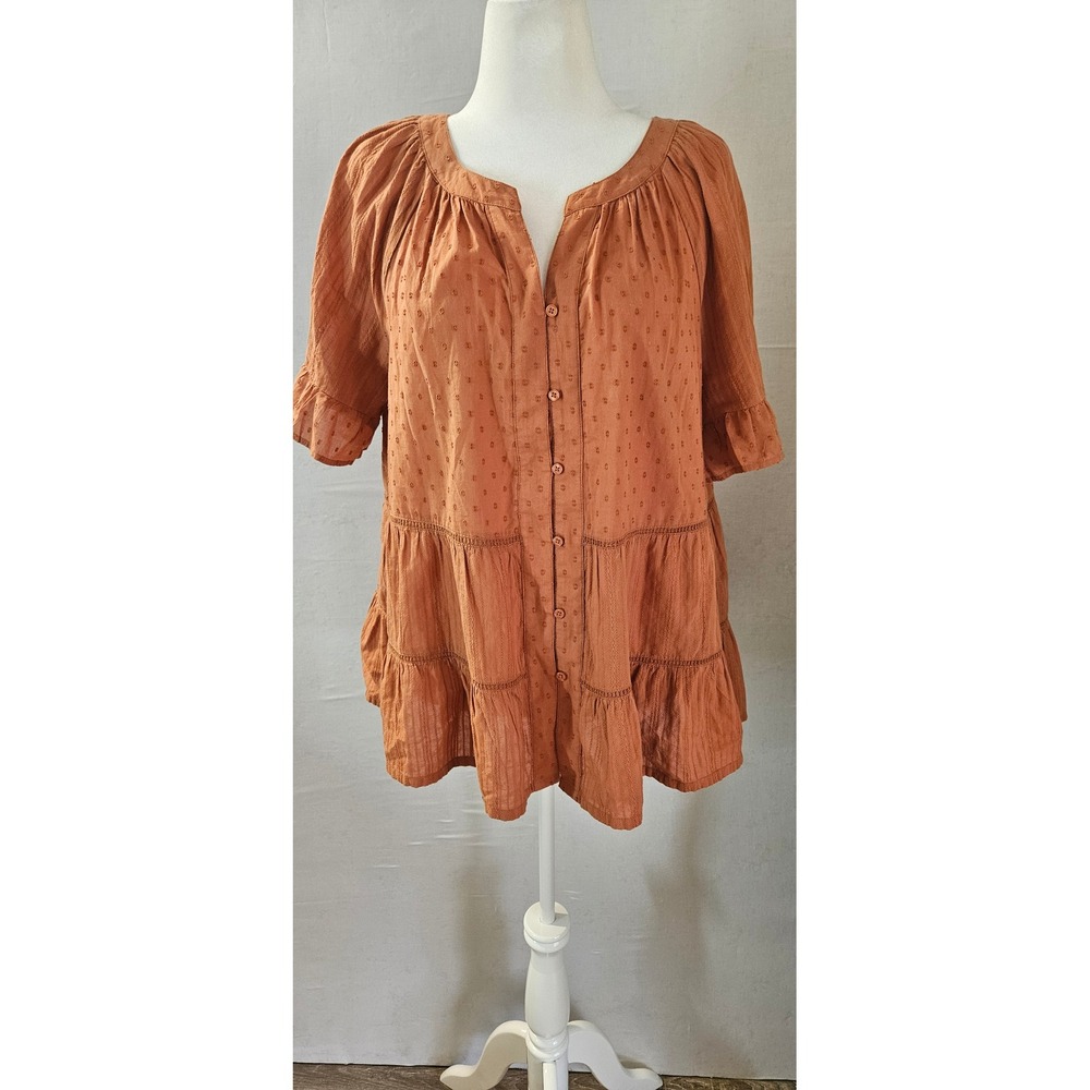 Wonderly Rust Orange Swiss Dot Tiered Babydoll Top Plus Size 1X Cotton Blouse